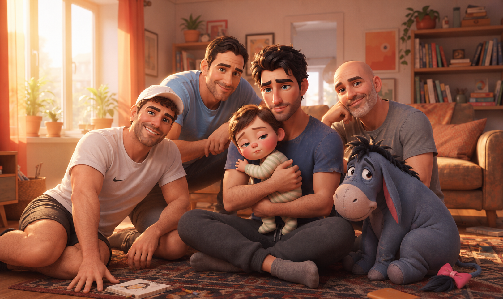 Illustrated portrait of the crew hanging out at home