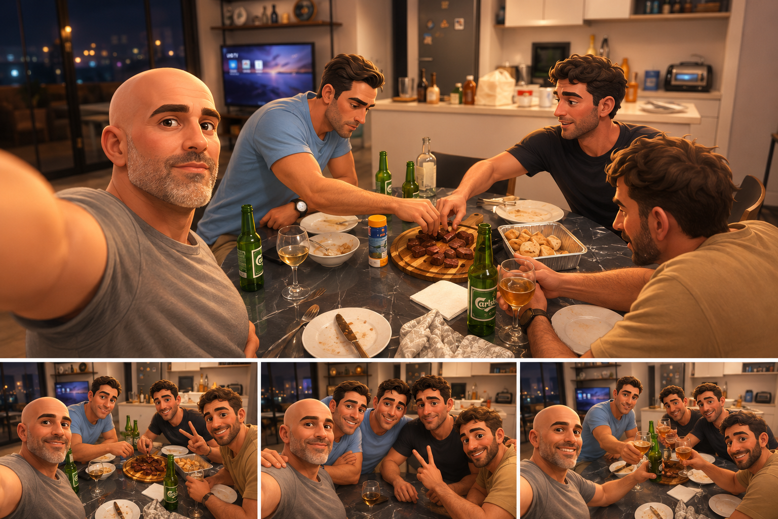 Meat Night — four friends around a table of beers and a board of grilled meat