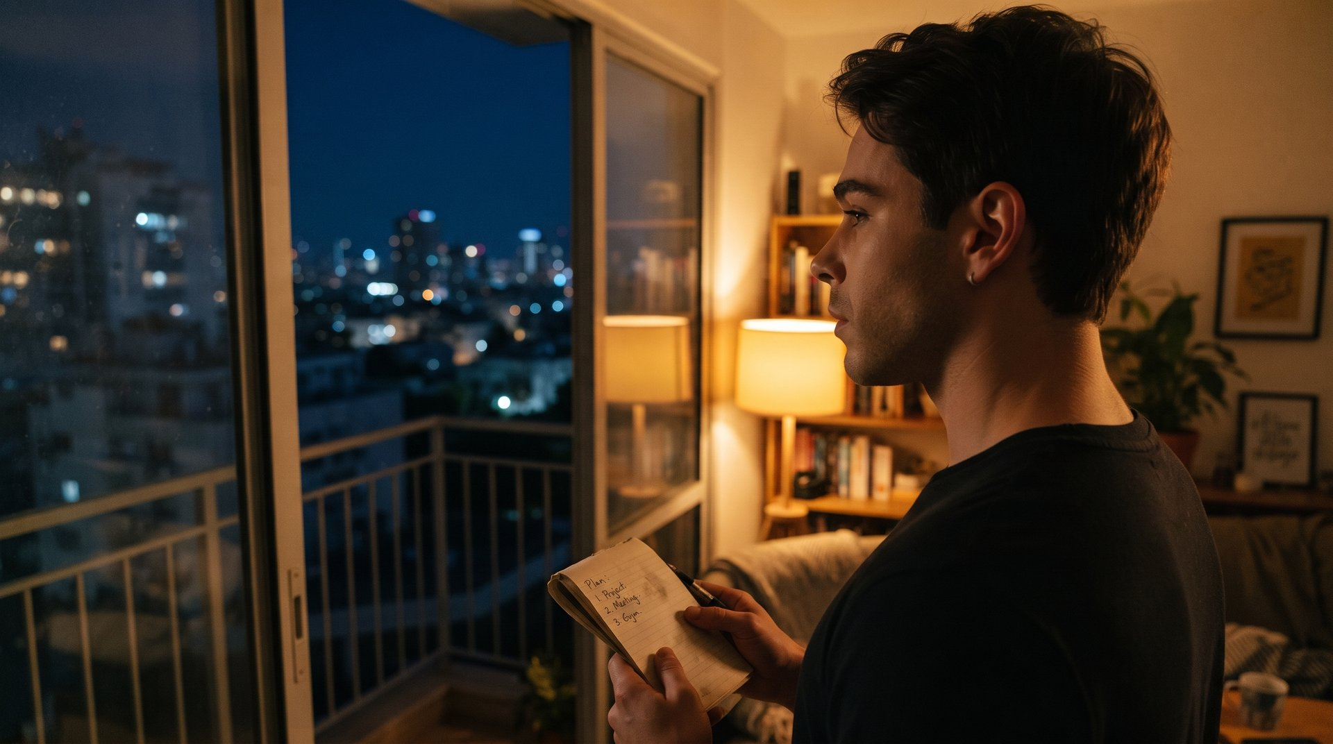 Devin reading on the balcony at night, Tel Aviv behind him