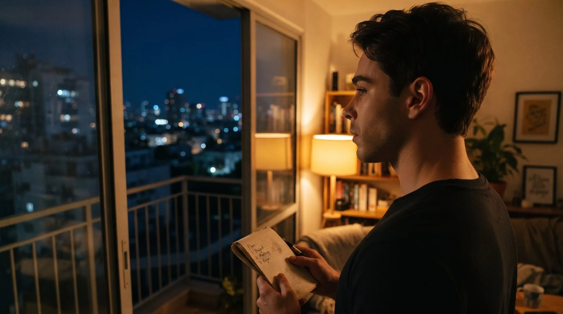Devin at the balcony door at night, Tel Aviv behind him